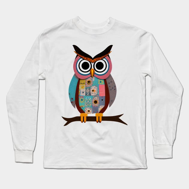 Patchwork Owl Long Sleeve T-Shirt by SavantArts